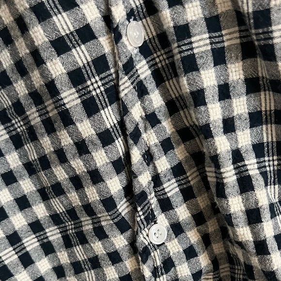 Dark blue plaid top with asymmetrical, button-up v-neckline - Picture 2 of 3